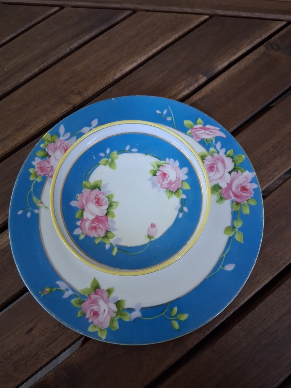 Vintage Noritake Blue and Pink Rose Porcelain Cheese & Cracker Plate Gold Trim